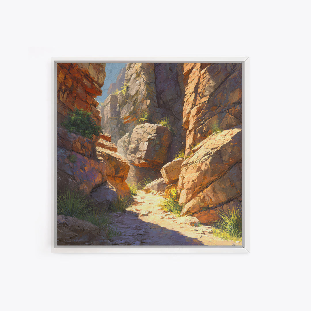 Sunlit Desert Canyon Trail Landscape Wall Art, Warm Southwest Rocks And Sage Green Nature Canvas Print