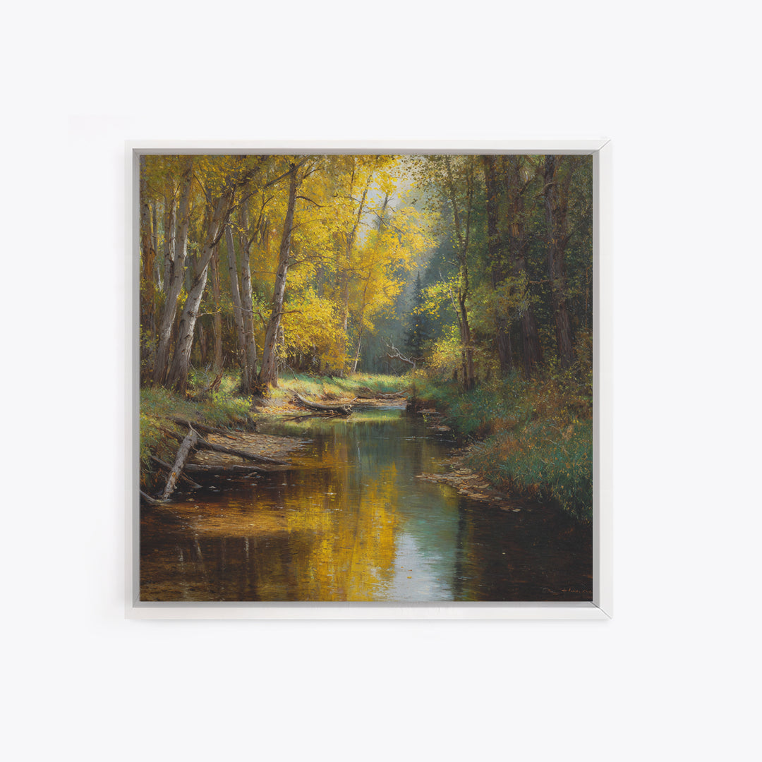 Golden Forest Creek Wall Art, Autumn Landscape Canvas Print, Rustic Nature Painting For Cozy Living Room Decor