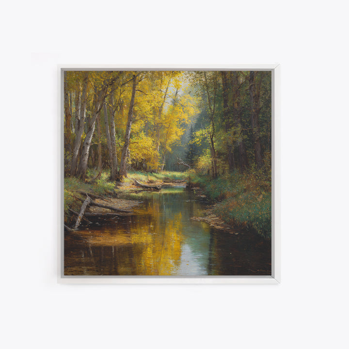 Golden Forest Creek Wall Art, Autumn Landscape Canvas Print, Rustic Nature Painting For Cozy Living Room Decor