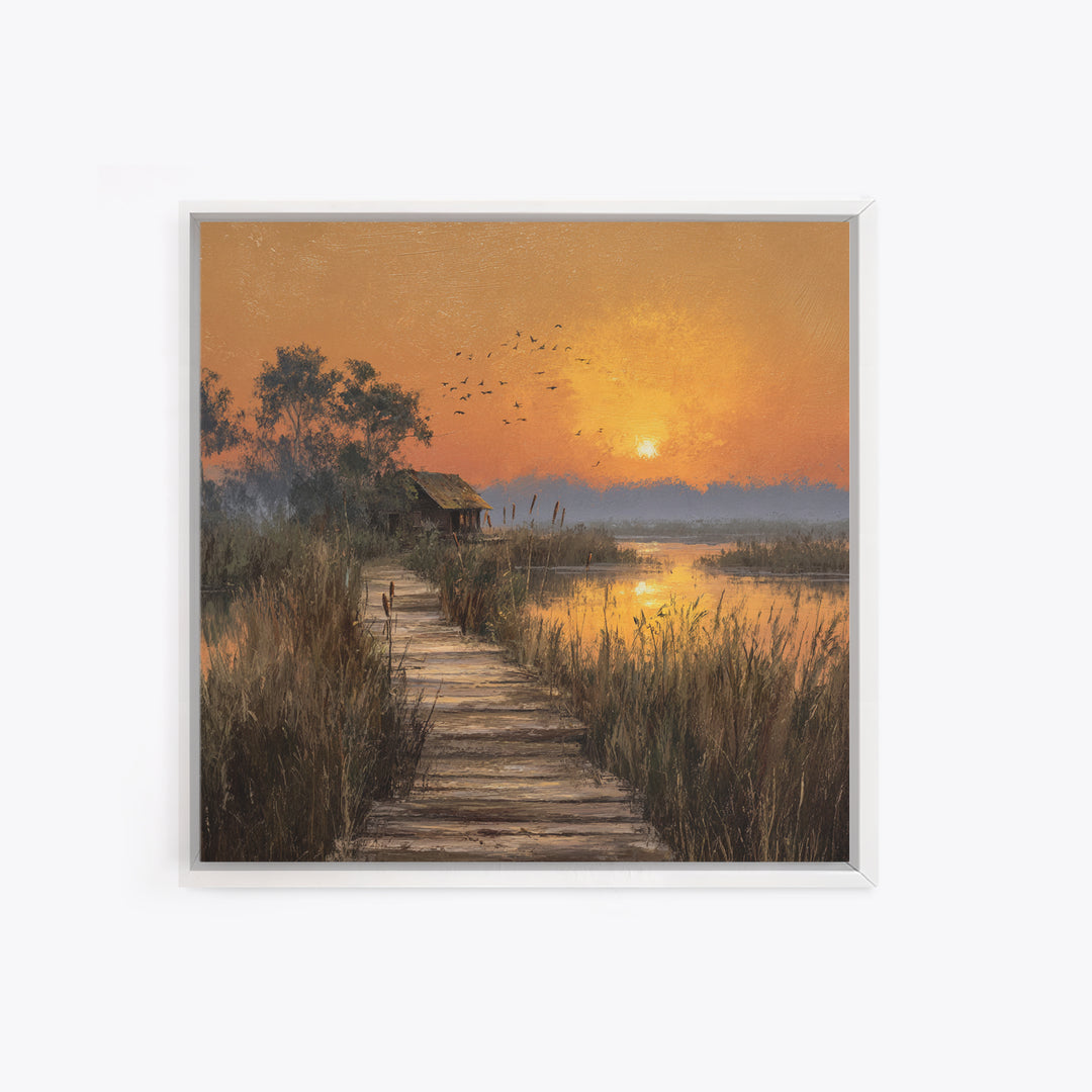 Peaceful Sunset Over Lakeside Cabin And Boardwalk Nature Landscape Wall Art Framed Canvas Print For Living Room