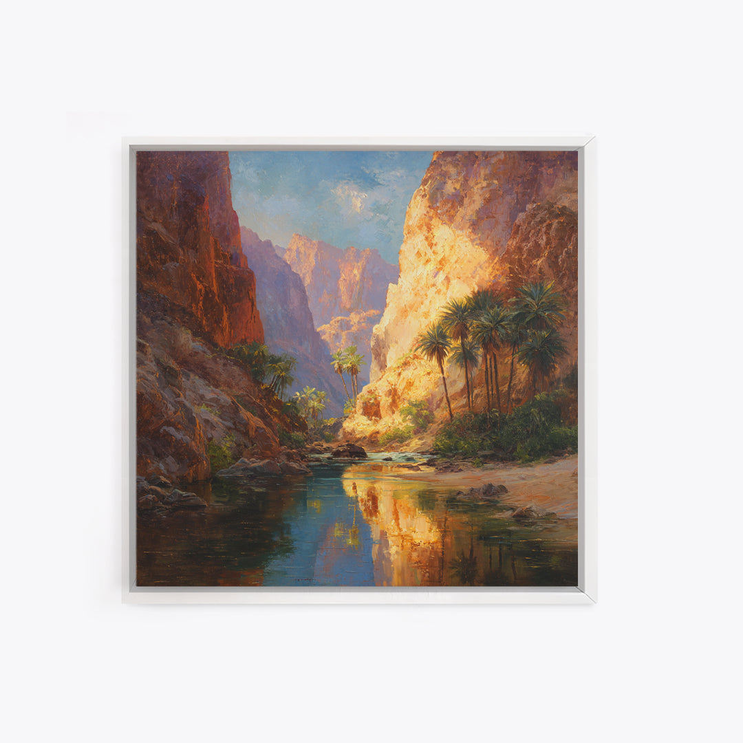 Sunlit Desert Canyon Oasis Landscape Wall Art Canvas Print, Modern Southwestern Nature Painting For Living Room Home Decor