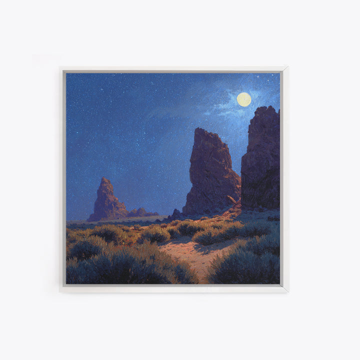 Moonlit Desert Rocks Wall Art, Night Sky Landscape Painting, Southwestern Stars Print, Calming Rustic Home Decor Canvas Print