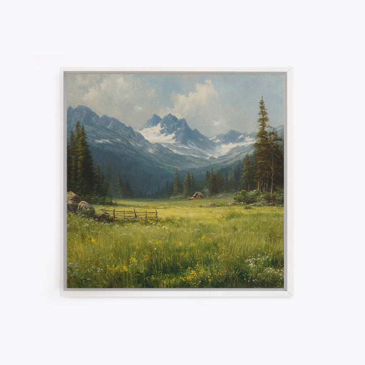 Alpine Meadow Cabin Landscape Wall Art, Mountain Valley Oil Painting Print, Rustic Country Home Decor Living Room Wall Art