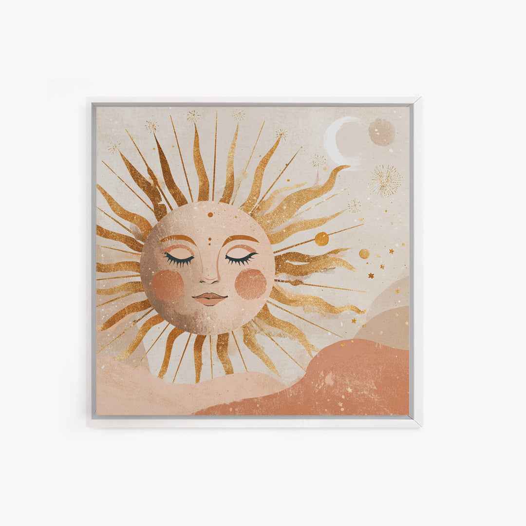 Boho Sun And Moon Wall Art, Celestial Gold Face Print, Whimsical Nursery Decor, Spiritual Bedroom Canvas Gift For Her Home Decor