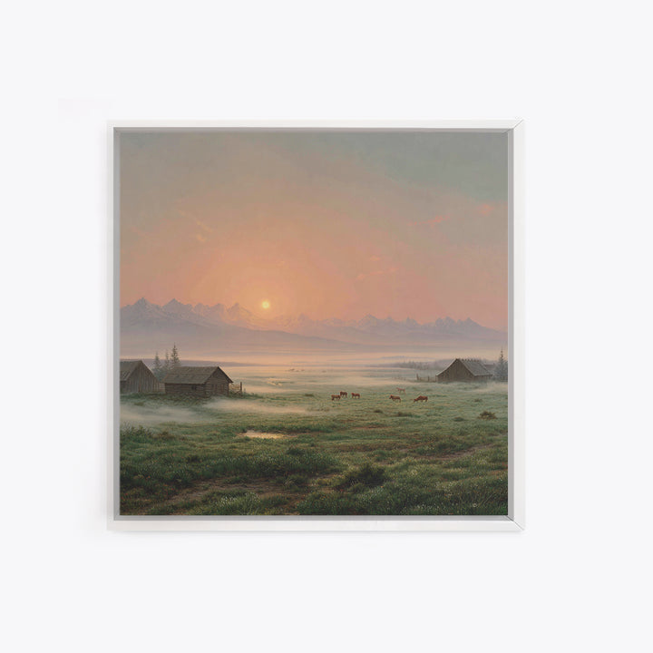 Misty Sunrise Farm Landscape Wall Art, Rustic Country Barn Pasture Print, Farmhouse Wall Decor Living Room Wall Art