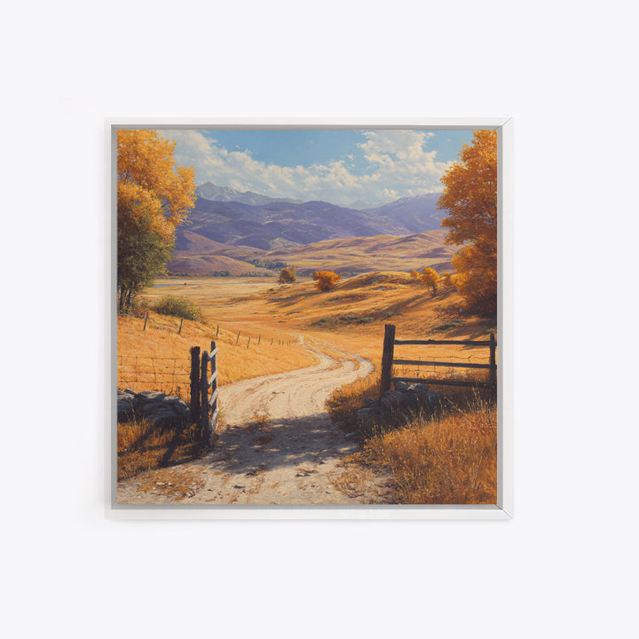 Golden Country Road Autumn Landscape Wall Art, Rustic Farmhouse Canvas Print For Cozy Living Room Decor