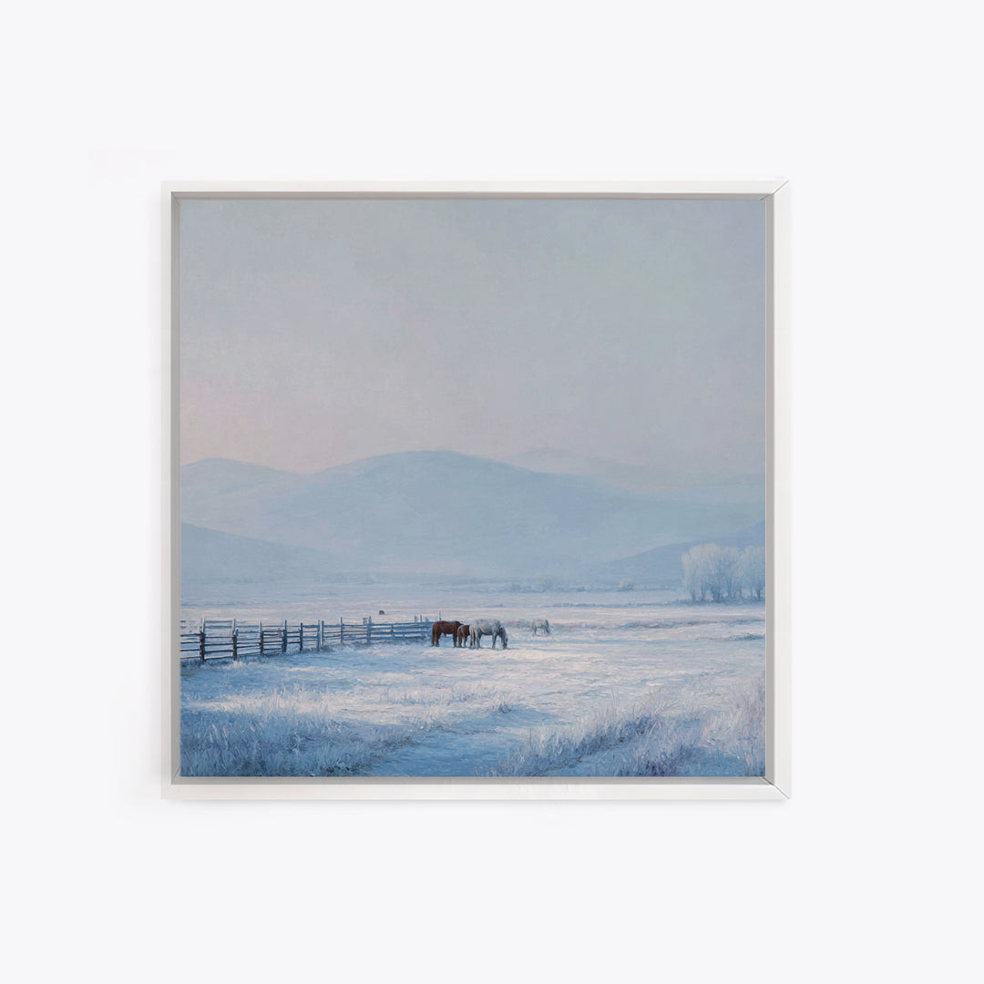 Idyllic Winter Landscape With Horses And Mountains Peaceful Snow Scene Wall Art Framed Canvas Print For Cozy Home Decor