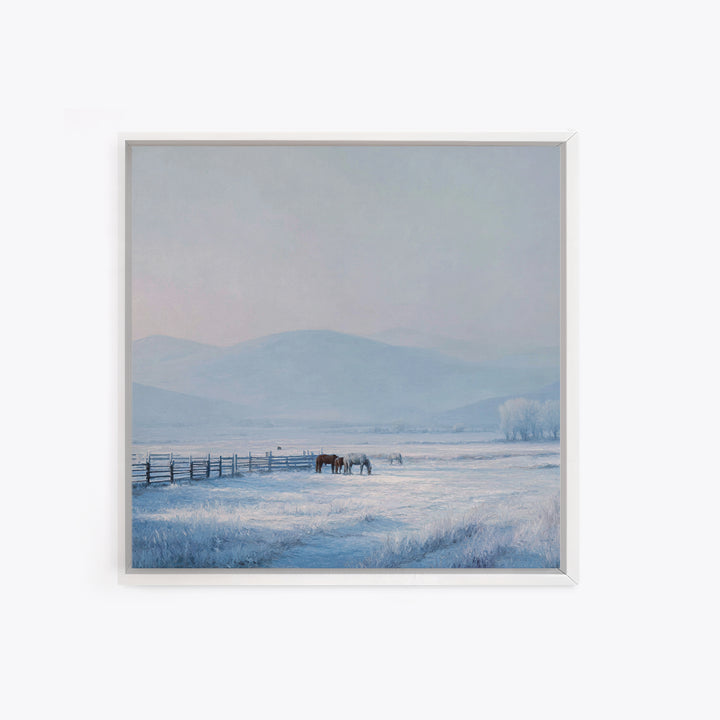 Idyllic Winter Landscape With Horses And Mountains Peaceful Snow Scene Wall Art Framed Canvas Print For Cozy Home Decor
