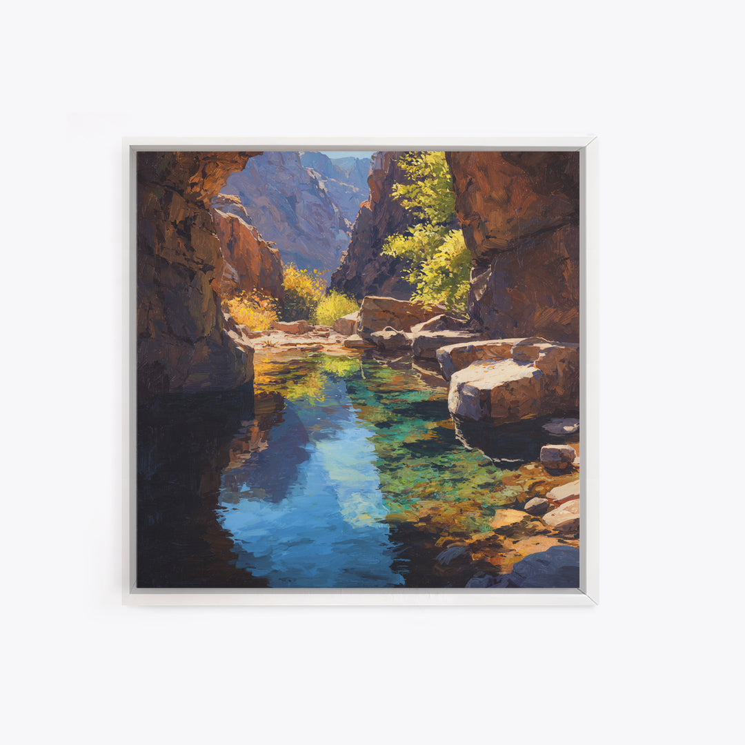 Sunlit Canyon Creek Landscape Oil Painting Wall Art, Nature Mountain Stream Canvas Print, Rustic Cabin Decor Modern Landscape