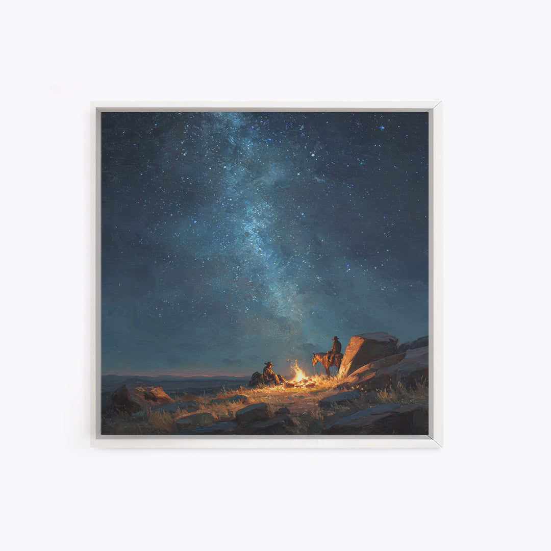Cowboys By Campfire Under Milky Way Night Sky Wall Art Print, Western Landscape Painting, Rustic Country Home Decor Art