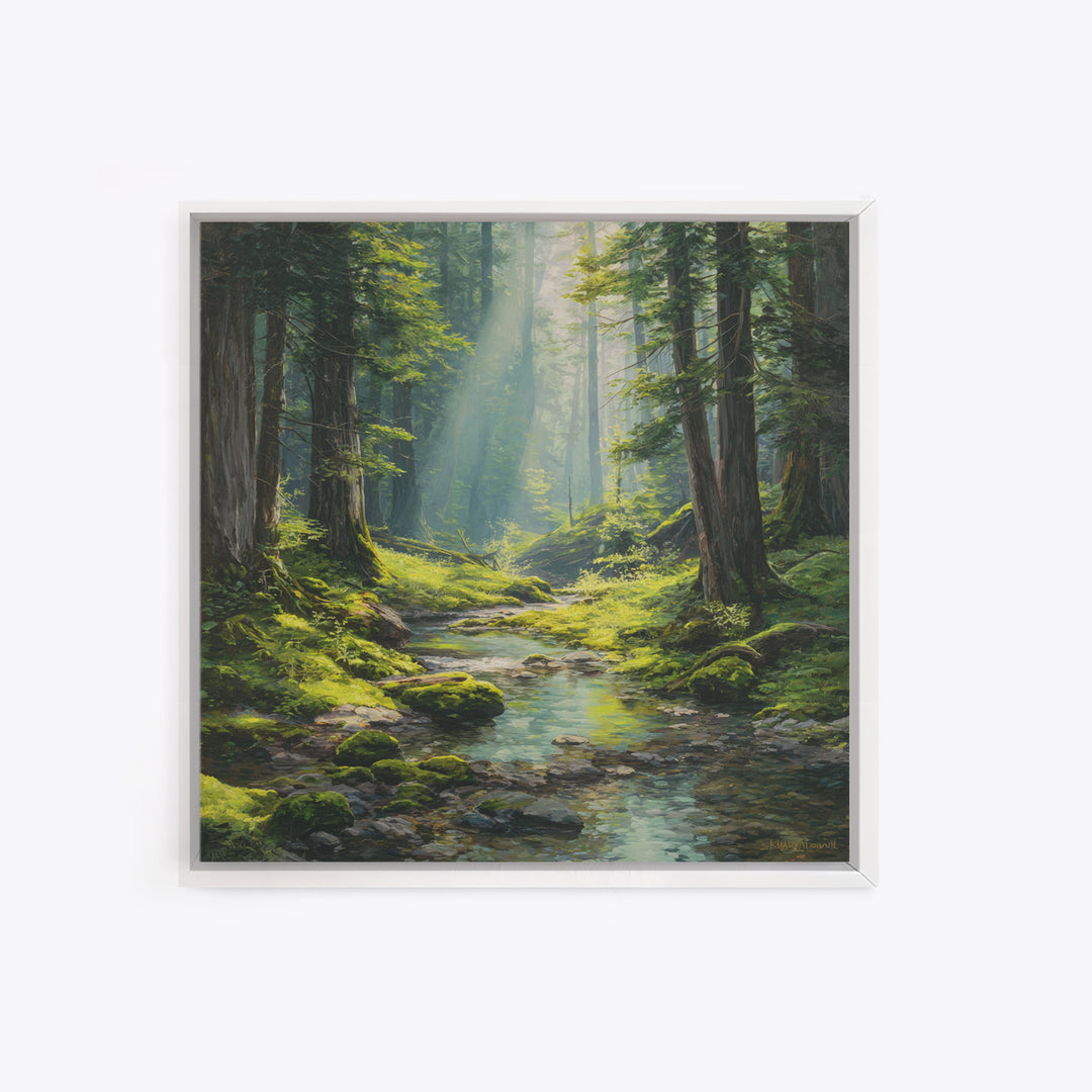 Sunlit Forest Creek Landscape Wall Art Nature Painting Canvas Print Rustic Home Decor Cabin Living Room Wall Art
