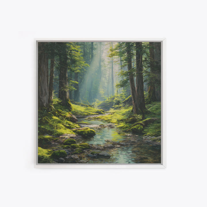 Sunlit Forest Creek Landscape Wall Art Nature Painting Canvas Print Rustic Home Decor Cabin Living Room Wall Art