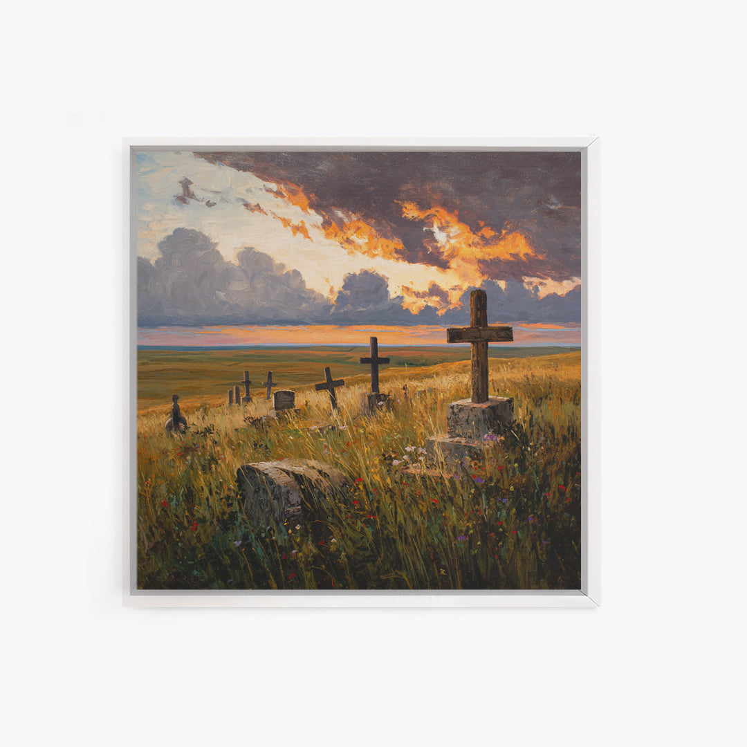 Moody Sunset Graveyard Landscape Wall Art, Dramatic Sky Rustic Canvas Print, Gothic Dark Academia Decor For Living Room