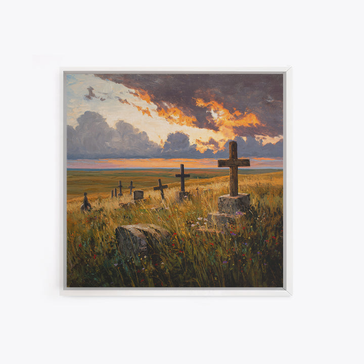 Moody Sunset Graveyard Landscape Wall Art, Dramatic Sky Rustic Canvas Print, Gothic Dark Academia Decor For Living Room