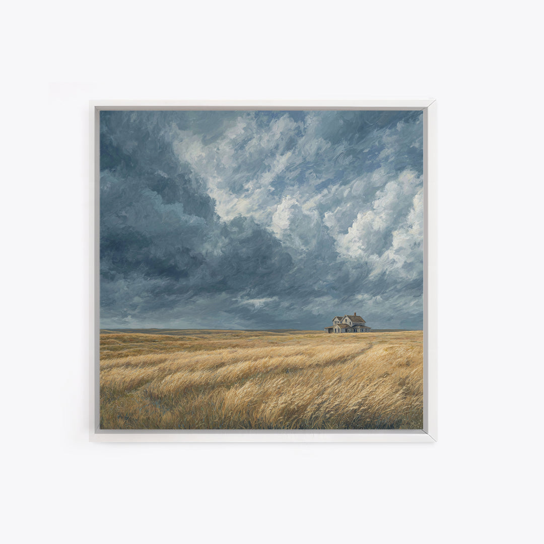 Moody Prairie House Stormy Sky Landscape Wall Art, Large Horizontal Canvas Print, Rustic Farmhouse Decor Living Room Art
