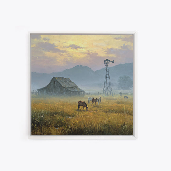 Rustic Barn And Horses Landscape Wall Art Canvas Print, Western Country Decor, Farmhouse Wall Art, Large Living Room Art