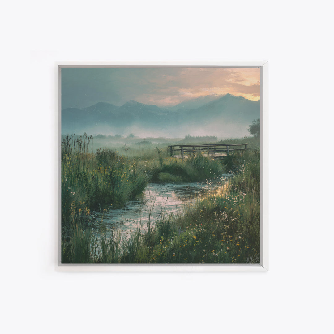 Tranquil Meadow Stream With Wooden Bridge And Mountains Landscape Wall Art Framed Canvas Print For Bedroom Decor