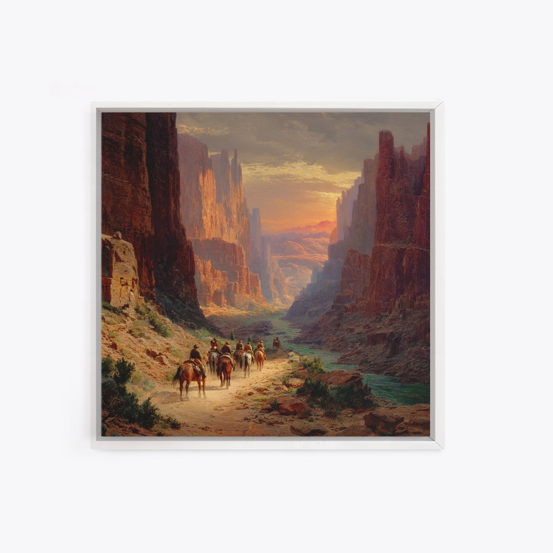 Cowboys Riding Through Canyon At Sunset Wall Art, Western Landscape Painting Print, Rustic Southwest Decor Living Room Art