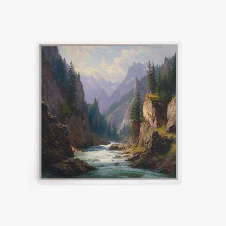 Majestic Mountain River Landscape Oil Painting Wall Art, Large Nature Canvas Print, Rustic Cabin And Living Room Decor