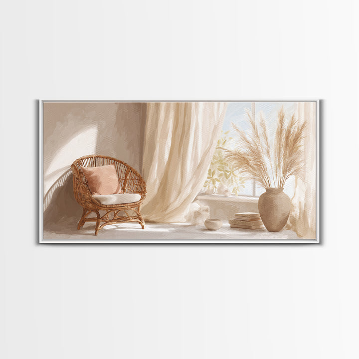 Sunlit Wicker Chair And Pampas Grass Framed Canvas Print, Neutral Boho Wall Decor, Cozy Bedroom Art For Modern Home Decor