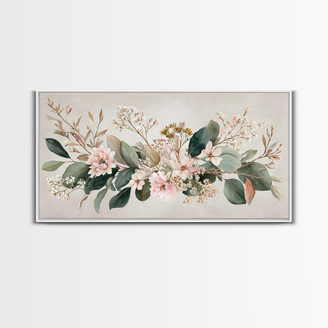 Soft Pink Floral Greenery Canvas Print, Eucalyptus Botanical Wall Decor, Neutral Living Room Art, Modern Farmhouse Decor