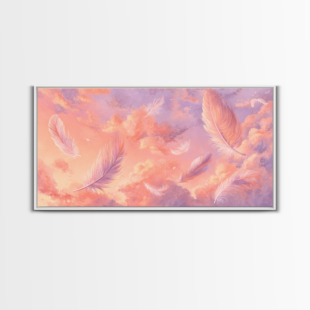 Pink Feather Sky Canvas Print, Dreamy Pastel Cloud Art, Celestial Nursery Decor, Whimsical Bedroom Wall Decor Gift For Her