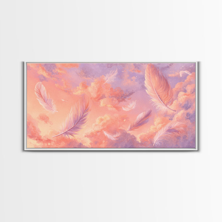 Pink Feather Sky Canvas Print, Dreamy Pastel Cloud Art, Celestial Nursery Decor, Whimsical Bedroom Wall Decor Gift For Her
