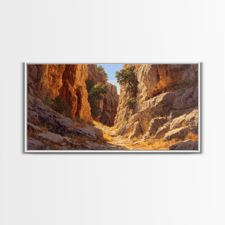 Rustic Canyon Landscape Oil Painting Bright Earth Tone Wall Art Framed Canvas Print Ideal For Living Room Decor Nature Lovers Gift