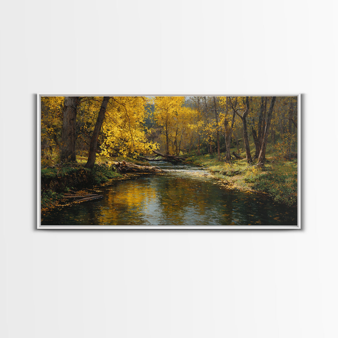 Peaceful Autumn Landscape River Scene Oil Painting Wall Art Canvas Print Rustic Home Decor Large Wall Art