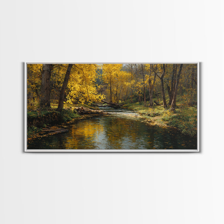 Peaceful Autumn Landscape River Scene Oil Painting Wall Art Canvas Print Rustic Home Decor Large Wall Art