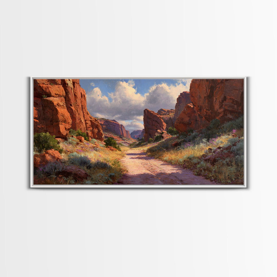 Sunlit Rocky Canyon Landscape With Wildflowers Scenic Wall Art Framed Canvas Print For Rustic Home Decor And Nature Lovers