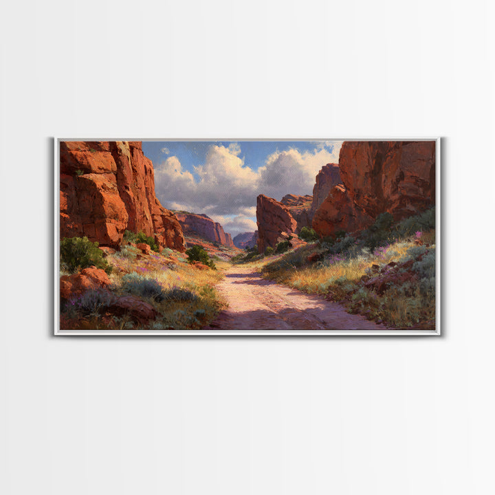 Sunlit Rocky Canyon Landscape With Wildflowers Scenic Wall Art Framed Canvas Print For Rustic Home Decor And Nature Lovers