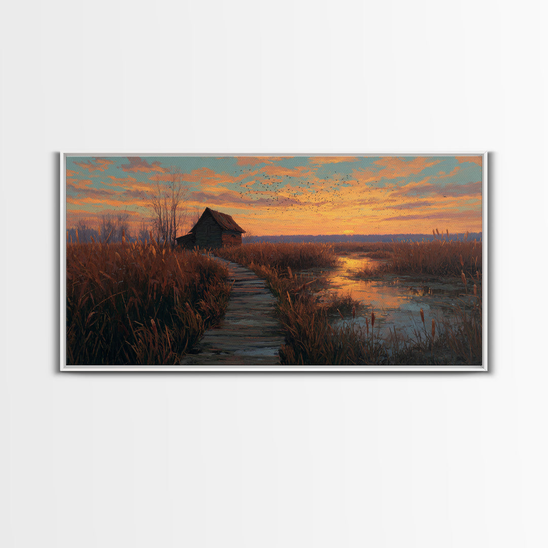 Rustic Autumn Wetland Landscape With Wooden Pathway Original Oil Painting Framed Canvas Print For Cozy Home Decor