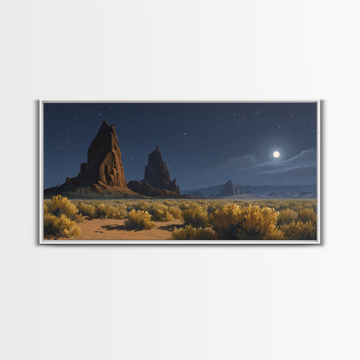 Moonlit Desert Landscape With Majestic Rock Formations And Starry Sky Original Oil Painting Wall Art Canvas Print