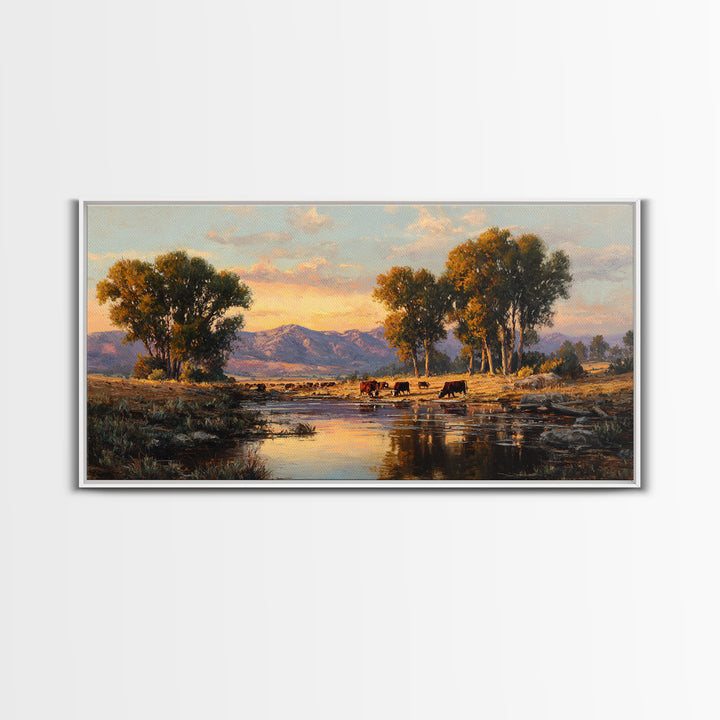 Warm Sunset Over Mountains Large Landscape Wall Art Framed Canvas Print Rustic Nature Home Decor