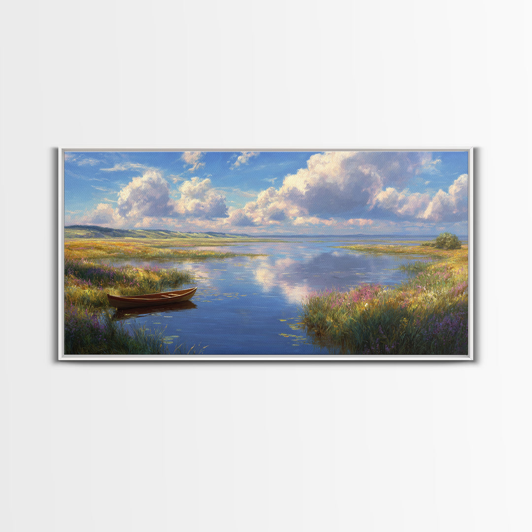 Tranquil Lake Landscape With A Wooden Rowboat in Soft Light Wall Art Framed Canvas Print for Living Room Decor and Home