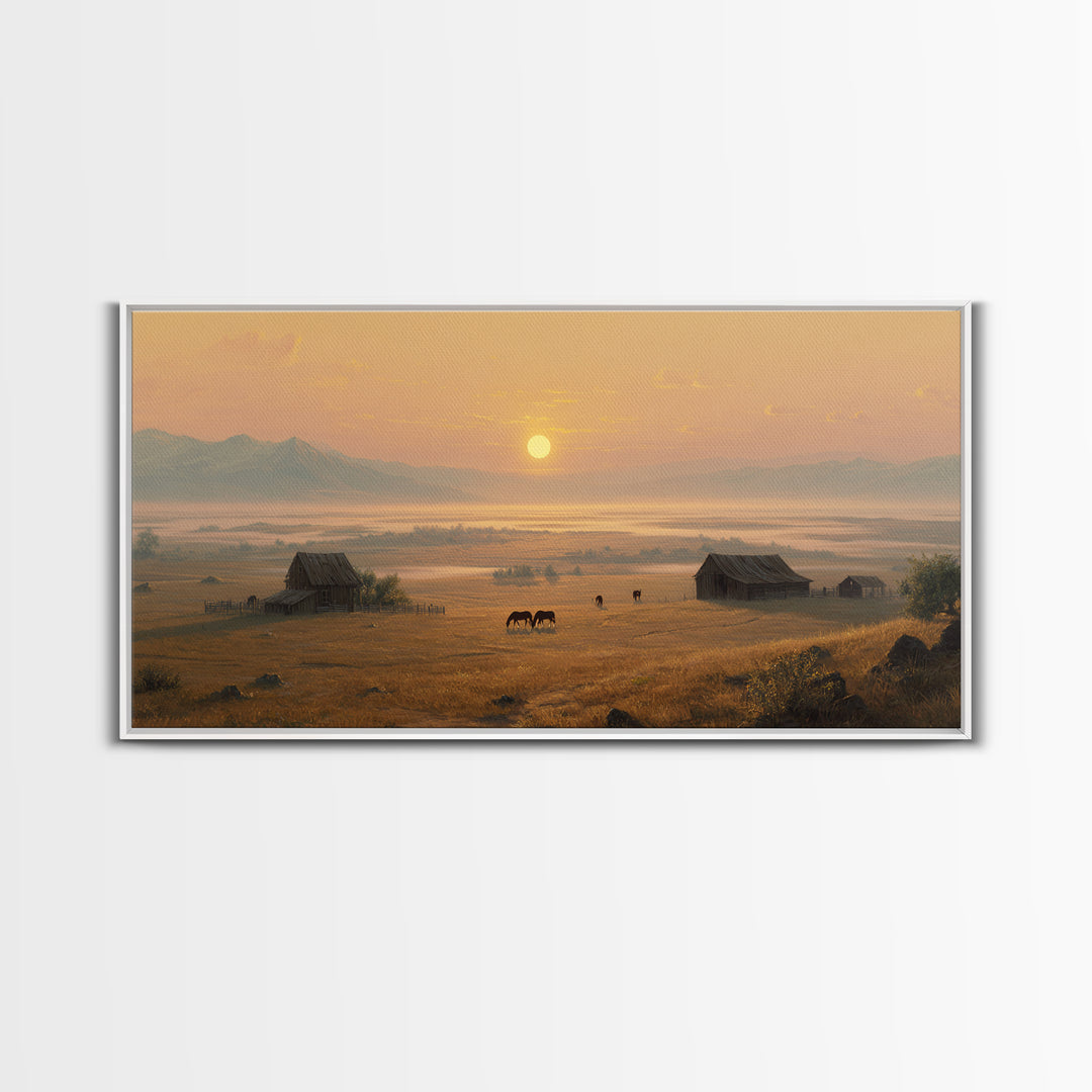 Golden Hour Peaceful Ranch Landscape With Horses Wall Art Framed Canvas Print Rustic Western Decor Original Landscape Home Decor