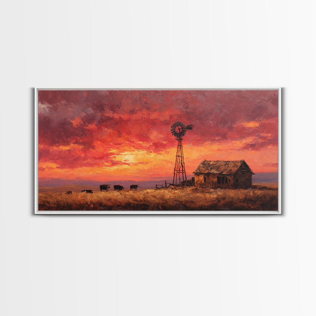 Rustic Western Landscape With Windmill And Cows At Glowing Sunset Framed Canvas Print For Farmhouse Decor