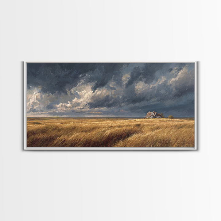 Golden Wheat Field With Rustic House Under Dramatic Sky Landscape Painting Canvas Print For Living Room Decor