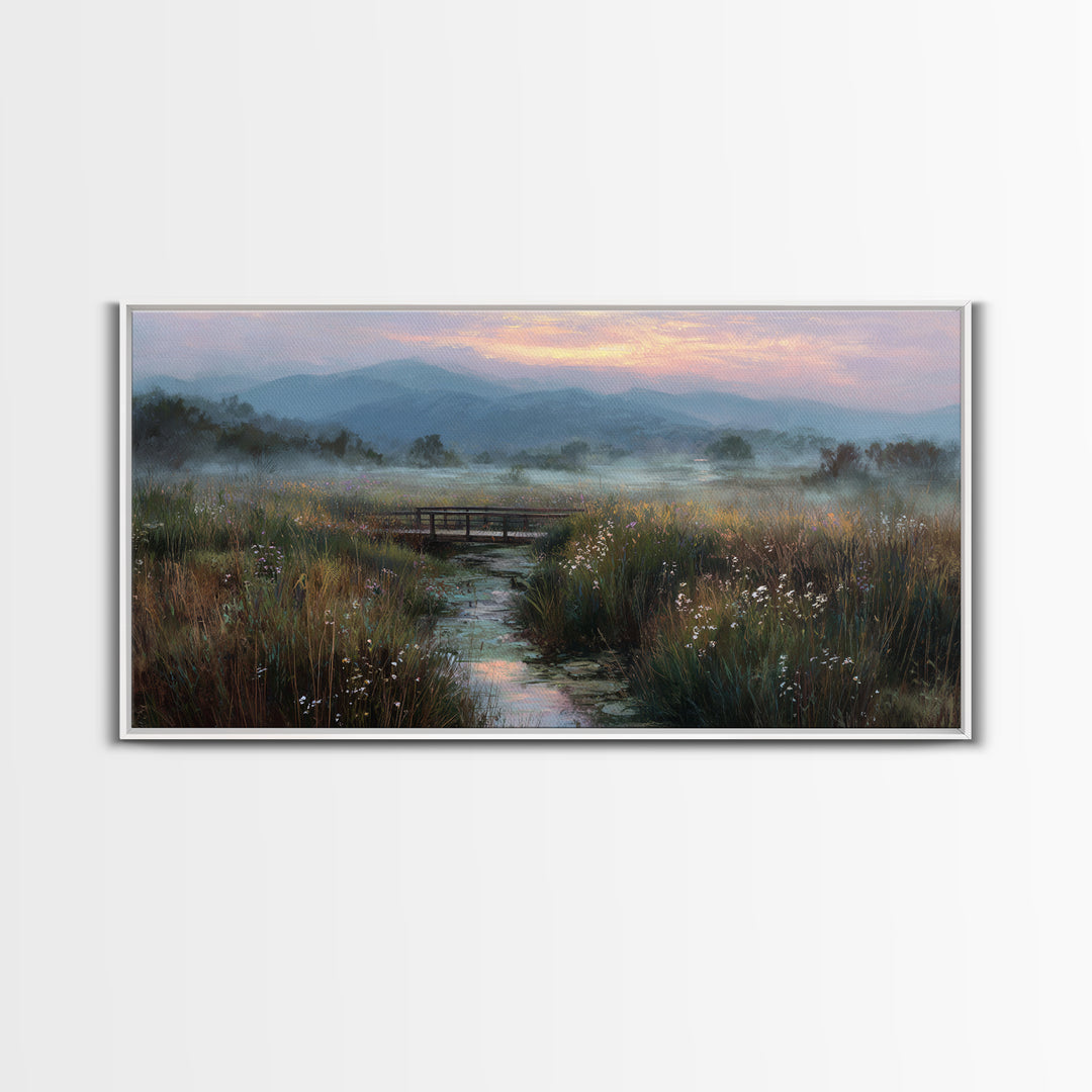 Tranquil Early Morning Meadow Landscape Oil Painting With Bridge Nature Wall Art For Rustic Home Decor Canvas Print