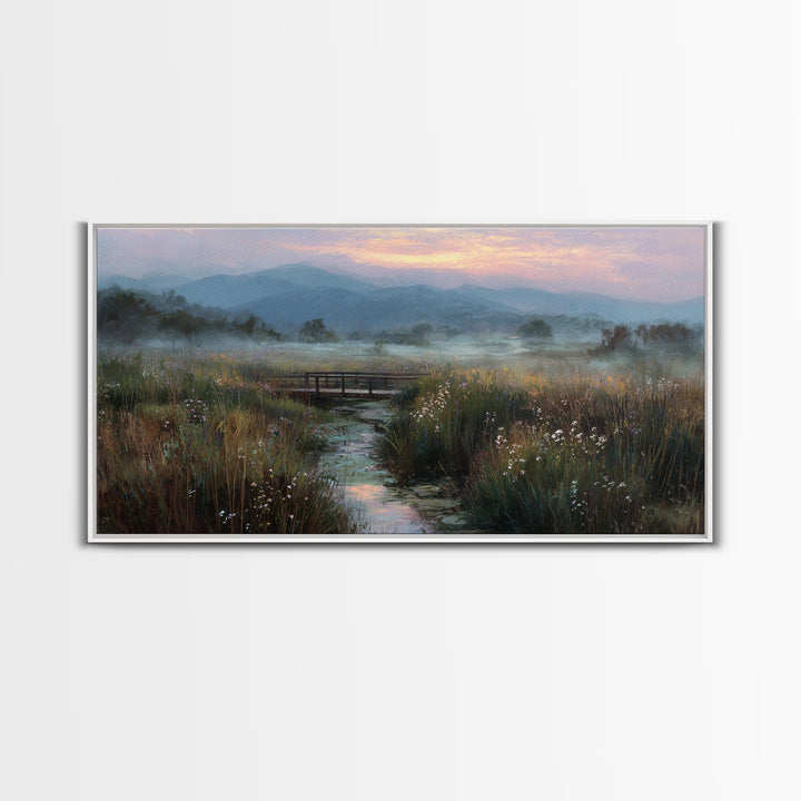 Tranquil Early Morning Meadow Landscape Oil Painting With Bridge Nature Wall Art For Rustic Home Decor Canvas Print