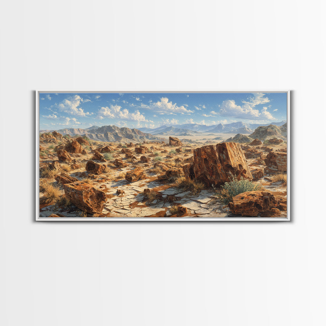 Desert Landscape With Sunbaked Rocks And Mountains Canvas Print Rustic Wall Art Home Decor Modern Southwestern Painting