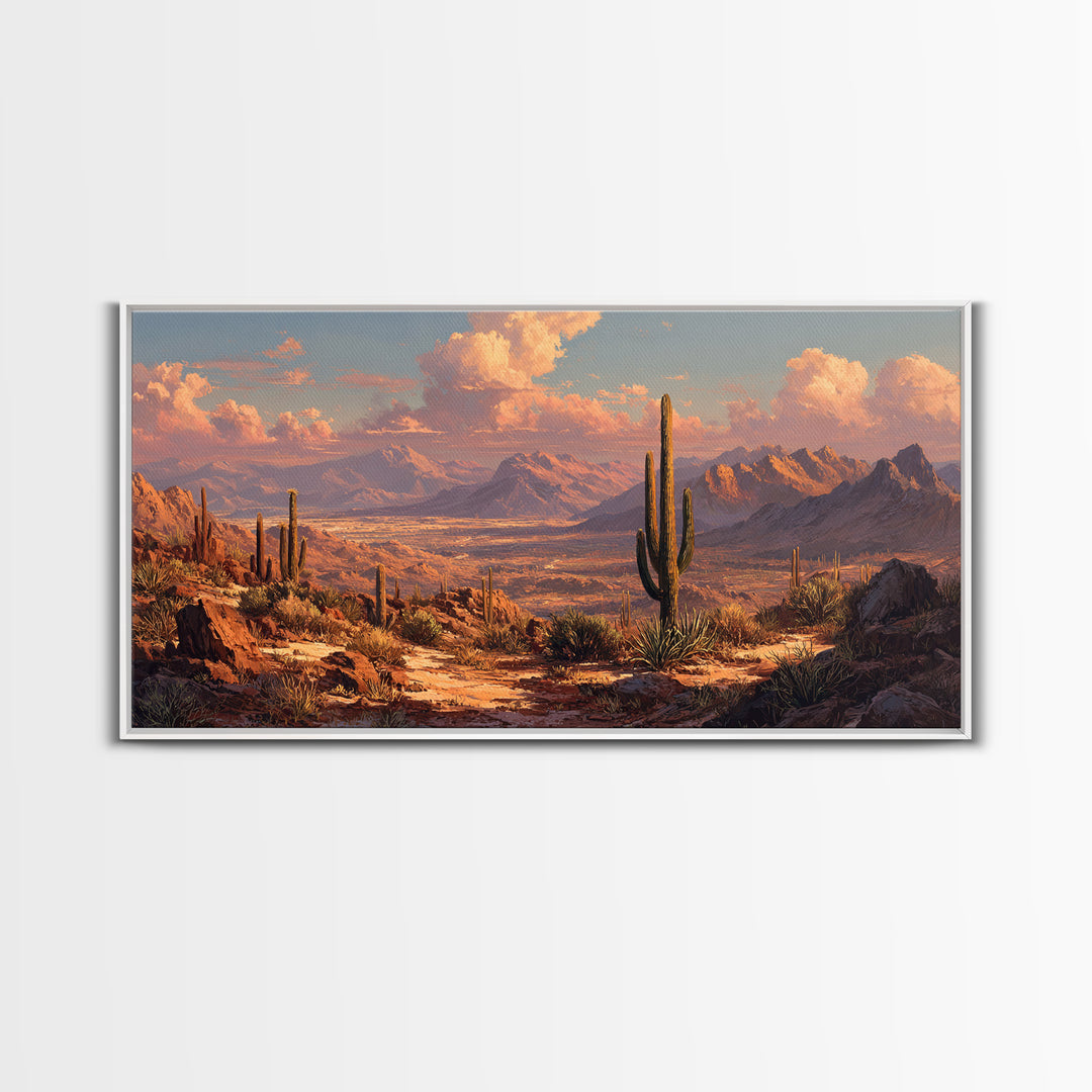 Southwestern Desert Landscape With Saguaro Cacti And Mountains Scenic Wall Art Framed Canvas Print Rustic Home Decor