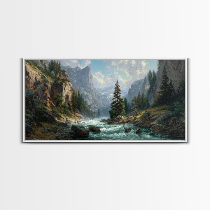 Majestic Mountain River Landscape Painting Large Wall Art Framed Canvas Print Rustic Home Decor Wall Hanging For Living Room Office