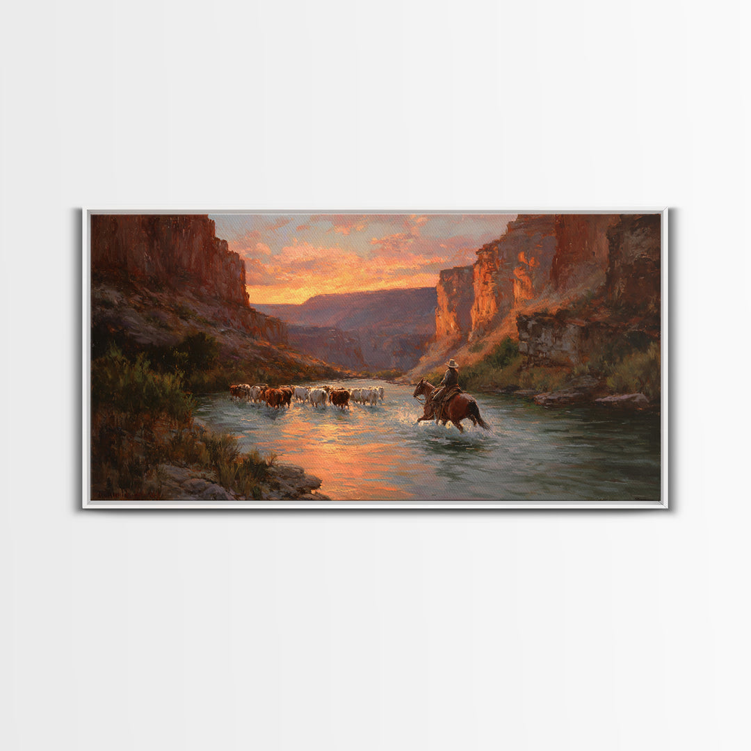 Peaceful Cowboy Herding Cattle At Sunset In Expansive Western Landscape Oil Painting Large Wall Art For Rustic Decor
