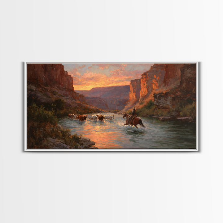 Peaceful Cowboy Herding Cattle At Sunset In Expansive Western Landscape Oil Painting Large Wall Art For Rustic Decor