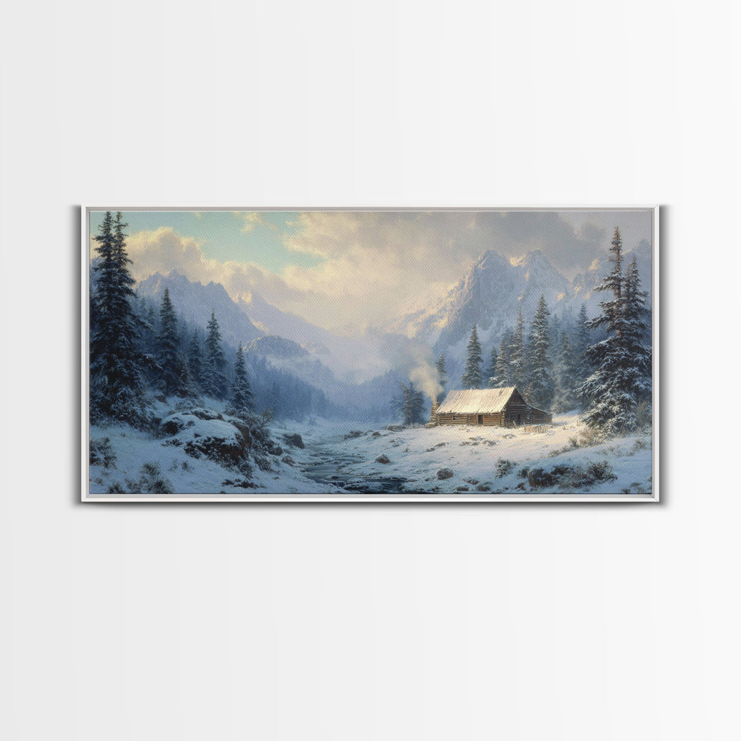Classic Winter Cabin In Snowy Mountain Landscape Wall Art Framed Canvas Print Rustc Lodge Decor Cabin Wall Art Gift For Men