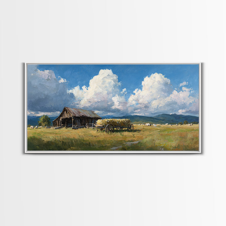 Rustic Barn Landscape Oil Painting Large Wall Art For Farmhouse Decor And Living Room Canvas Print