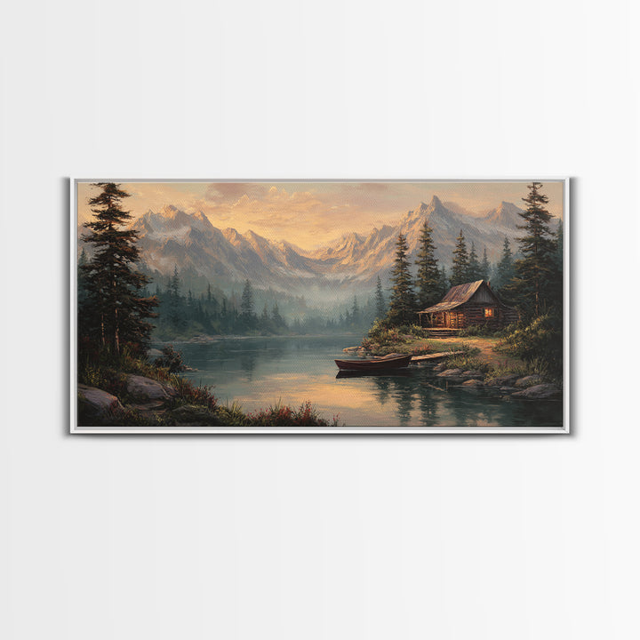 Peaceful Lake Cabin Landscape Canvas Print Quiet Rustic Wall Art Home Decor Tranquil Nature Scene