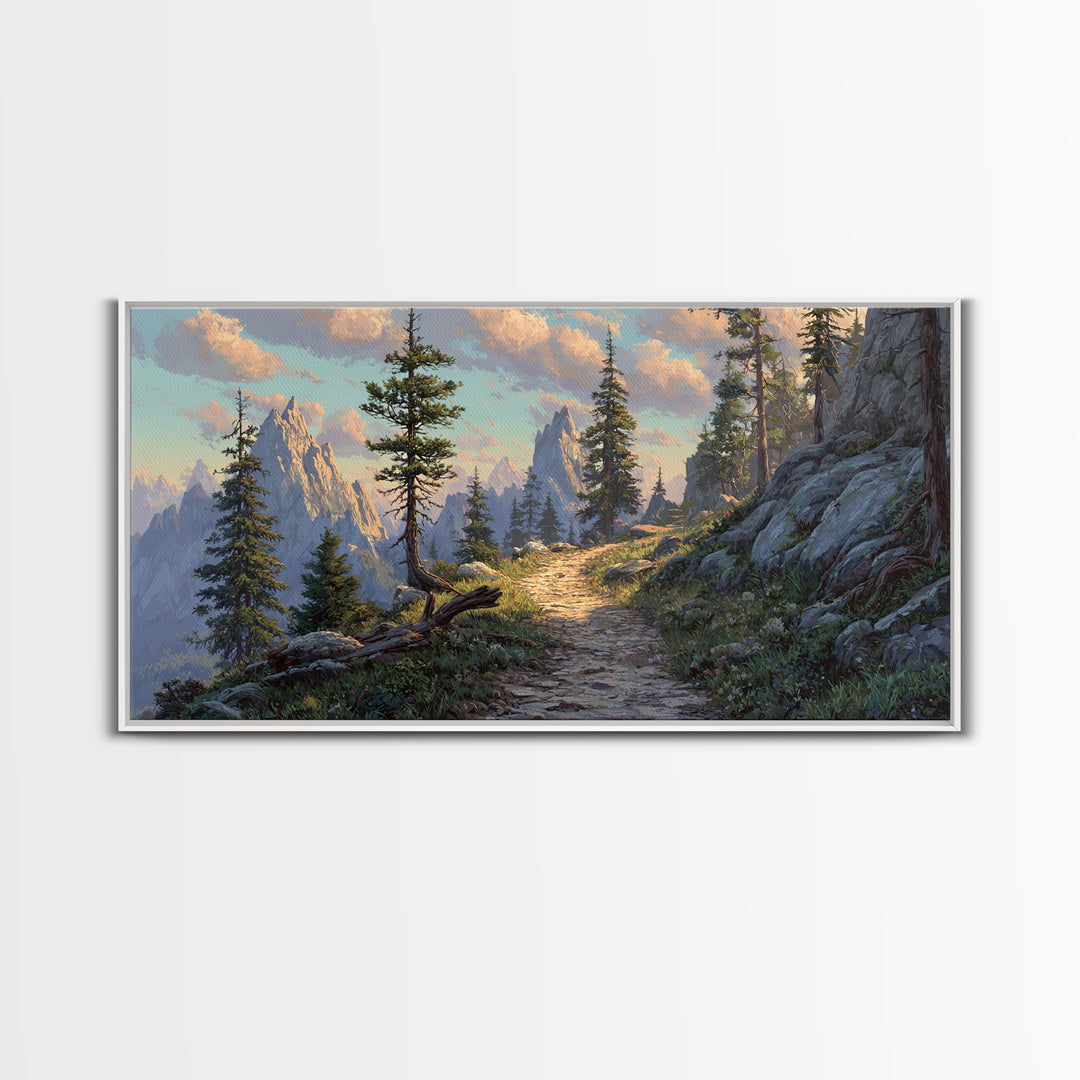 Mountain Landscape With Pine Trees And Rocky Path Scenic Nature Wall Art Framed Canvas Print For Living Room Decor